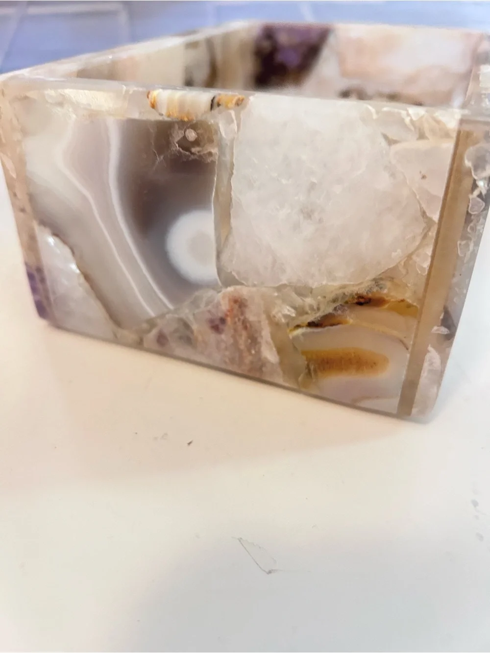 Handmade in India Natural Agate Druzy Amethyst Gemstone Mosaic Jewelry Box 7”